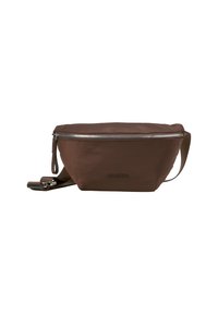 Brown fabric fanny pack with a zip closure, side strap for wearing, and embossed logo. Smooth texture and compact, triangular shape.