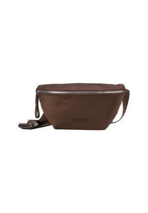 Brown fabric fanny pack with a zip closure, side strap for wearing, and embossed logo. Smooth texture and compact, triangular shape.
