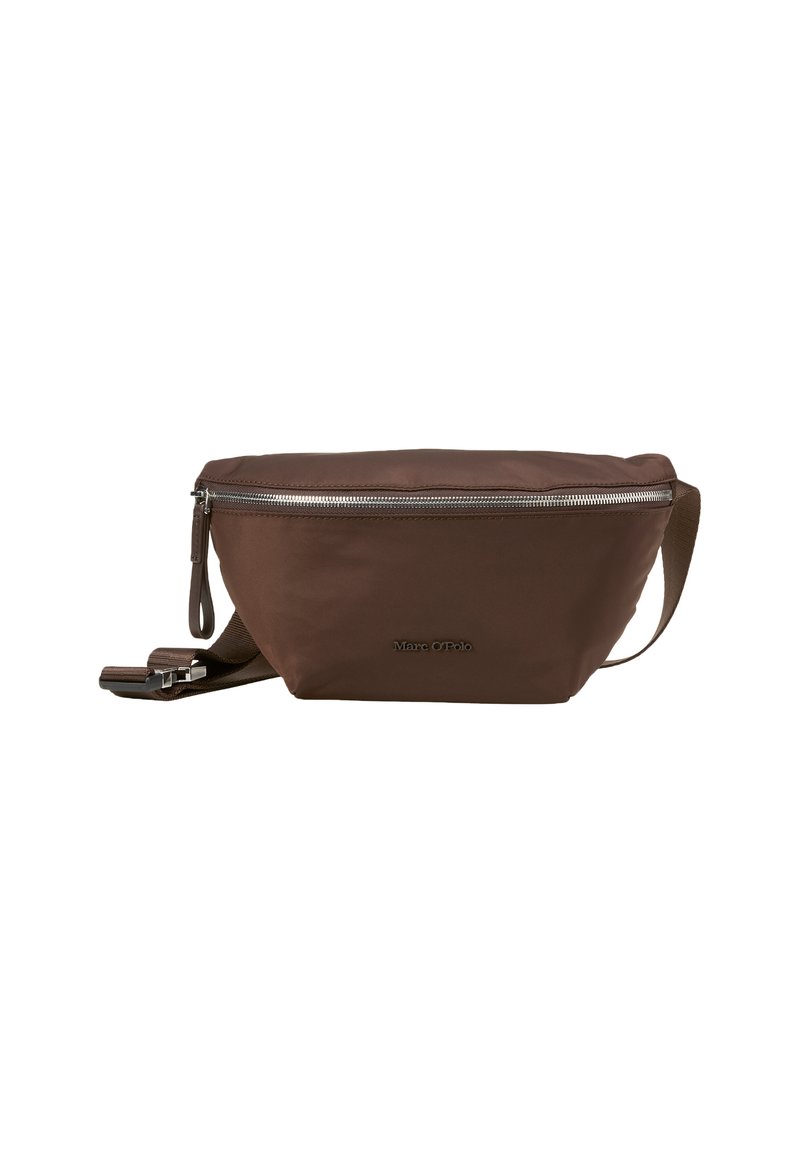 Brown fabric fanny pack with a zip closure, side strap for wearing, and embossed logo. Smooth texture and compact, triangular shape.