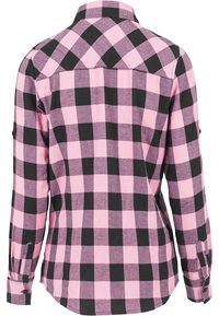 Pink and black plaid shirt, cotton material, button-up style, long sleeves with cuffs, curved hem, and a back yoke detail.