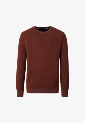 Pull en maille orange foncé avec un col rond, des manches longues et un motif texturé. Les poignets et l'ourlet côtelés créent une apparence ajustée.