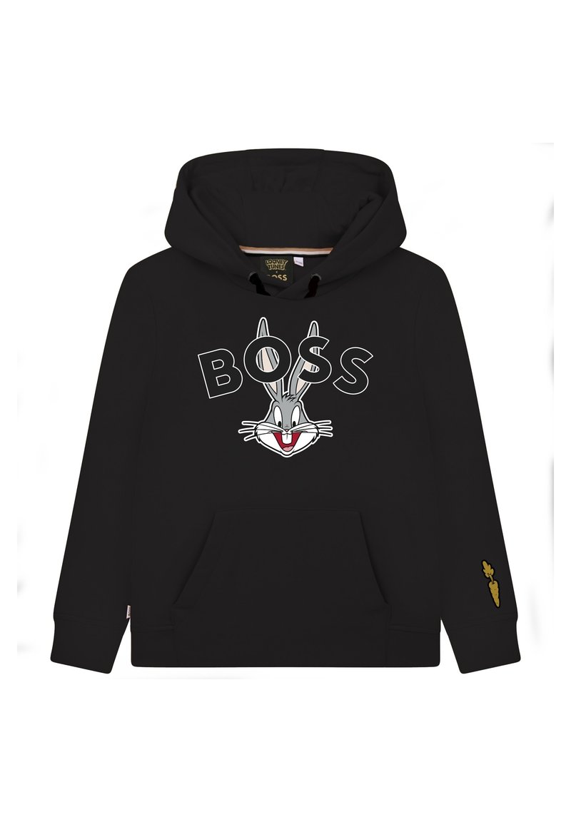 Svart huvtröja med en framsidesgrafik som visar Bugs Bunnys ansikte och ordet "BOSS". Inkluderar en ficka och en morotslogotyp på ärmen.
