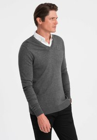 Pull gris en V fabriqué à partir d'un matériau doux avec des manches longues. Comprend un logo subtil sur la poitrine et des poignets et ourlet côtelés. Porté par-dessus une chemise blanche.