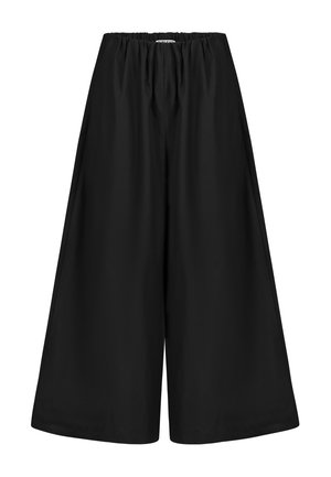Schwarze weite Cropped-Hose mit elastischem Bund, lockerer Passform und ohne sichtbare Taschen oder Verzierungen.