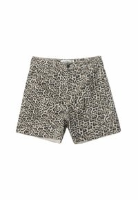 Shorts en imprimé léopard beige et noir, avec une fermeture à bouton, cinq poches et une coupe droite. Tissu en coton doux avec une surface texturée.