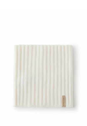 Gefalteter weißer gerippter Strickschal mit einem kleinen beigen Etikett mit der Aufschrift "Falconeri" auf weißem Hintergrund.