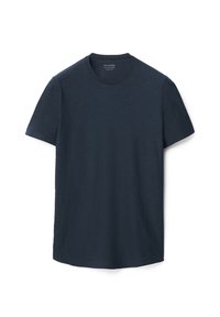 Marinblå kortärmad t-shirt i mjukt jersey-material. Rund halsringning, vanlig passform, slät yta utan synliga mönster eller detaljer.