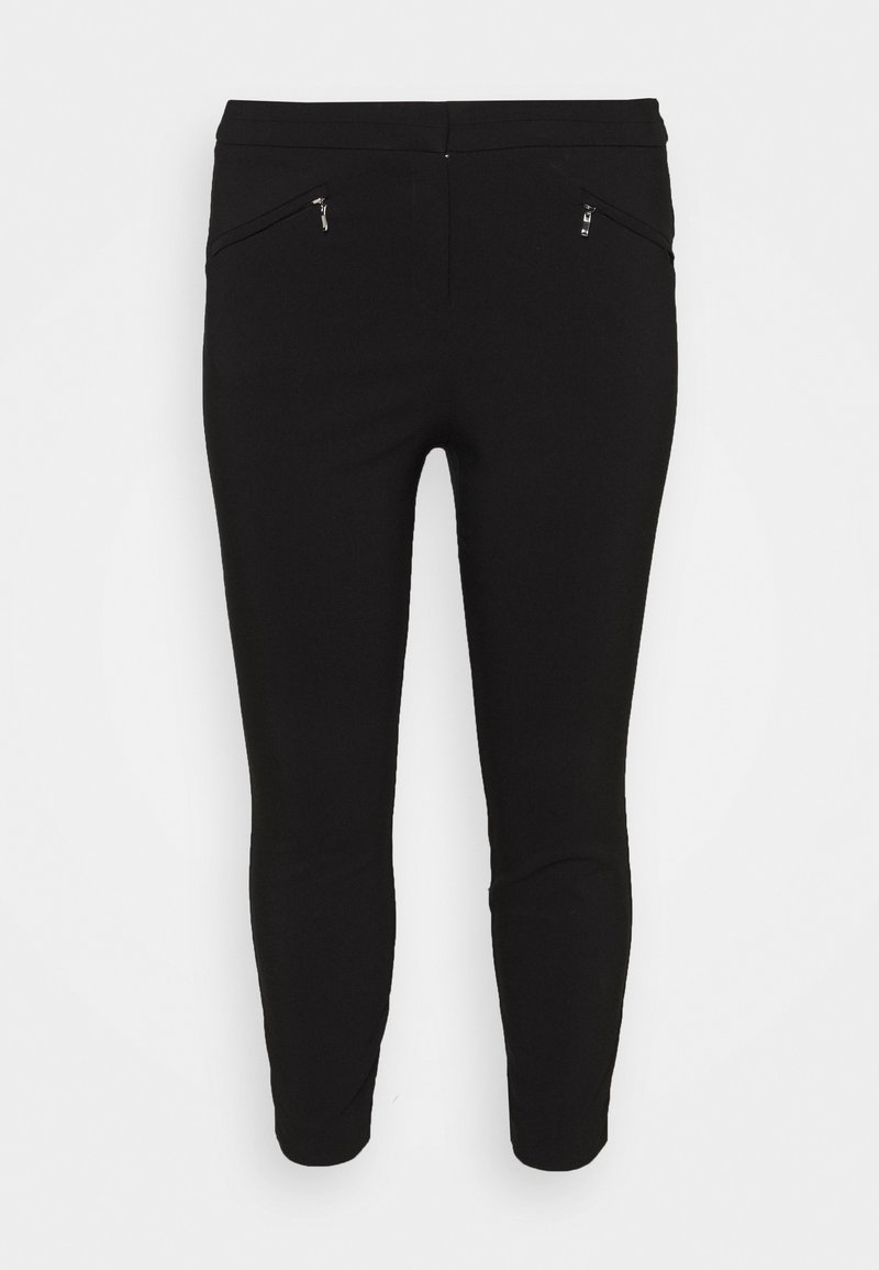 Black pants made of a stretchy fabric. Features a fitted design, ankle length, and two zippered pockets near the waistband.