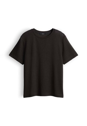 Black short-sleeve textured knit T-shirt with round neckline, displayed on white background.