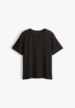 Black short-sleeve textured knit T-shirt with round neckline, displayed on white background.