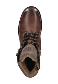 Braune Lederstiefel mit einem strukturierten Wollfutter, runder Zehenpartie und Schnürdesign. Verfügt über einen seitlichen Reißverschluss und eine strapazierfähige Gummisohle.