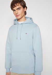 Light blue hoodie made of soft fabric, featuring a kangaroo pocket, drawstrings, and a small embroidered logo on the left chest.