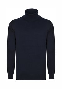 Jersey de cuello alto azul marino hecho de una tela suave, con mangas largas, un cuello acanalado y un diseño ajustado. Sin patrones ni acentos visibles.