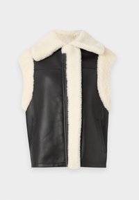 Gilet en cuir noir avec col et bordure en fausse fourrure crème, design sans manches et poches latérales. Texture douce avec des lignes épurées et un style minimaliste.