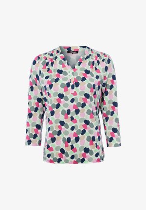 Women's long-sleeve blouse with V-neck, elastic shirring on shoulders, and multicolor abstract dot pattern in pink, navy, green, and beige.