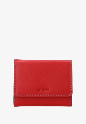 Rotes Lederportemonnaie mit glatter Textur, genähten Kanten und geprägtem "Venezia"-Logo. Verfügt über ein kompaktes, rechteckiges Design.