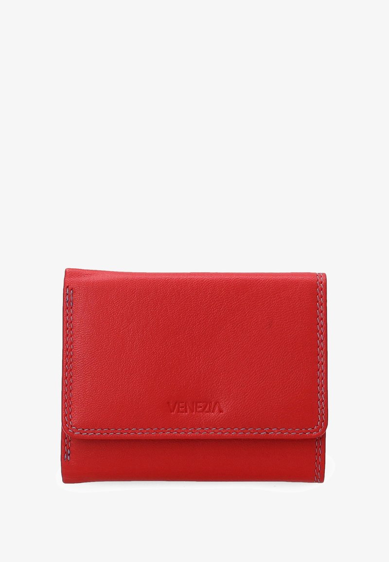 Rotes Lederportemonnaie mit glatter Textur, genähten Kanten und geprägtem "Venezia"-Logo. Verfügt über ein kompaktes, rechteckiges Design.