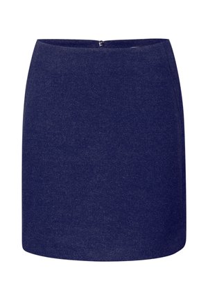 Marineblaue Wollmischung-Minirock mit glatter Textur, gerader Silhouette und verdecktem Reißverschluss auf der Rückseite. Keine sichtbaren Muster oder Akzente.