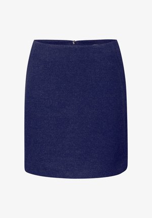 Navy wolmix mini-rok met een gladde textuur, rechte silhoutte en een verborgen ritssluiting aan de achterkant voor sluiting. Geen zichtbare patronen of accenten.