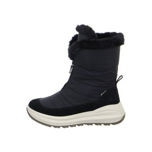 Zwarte winterlaars tot halverwege de kuit met nepbont afwerking, ritssluiting aan de voorkant, Gore-Tex stof en een dikke witte zool met profiel voor grip.