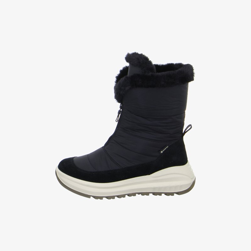 Stivale invernale nero a metà polpaccio con bordo in pelliccia sintetica, cerniera frontale, tessuto Gore-Tex e suola spessa bianca con battistrada per una migliore presa.