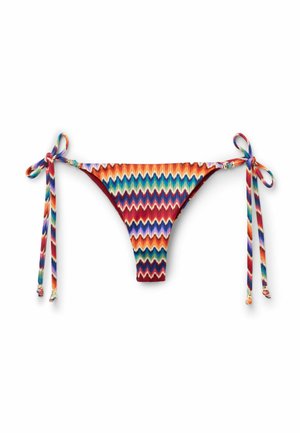 Bikinihose mit niedrigem Bund und mehrfarbigem Zickzackmuster sowie seitlichen Bindebändern, mit kleinen metallischen Perlenakzenten an jedem Ende.