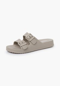 Lys grå, gummislide sandal med to justerbare stropper og spænde detaljer. Flad sål med struktureret overflade for godt greb. Rundede kanter.