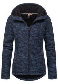 Dark blue fleece jacket with a soft inner lining, zippered front, and a hood. Features a subtle heathered texture and curved hem.