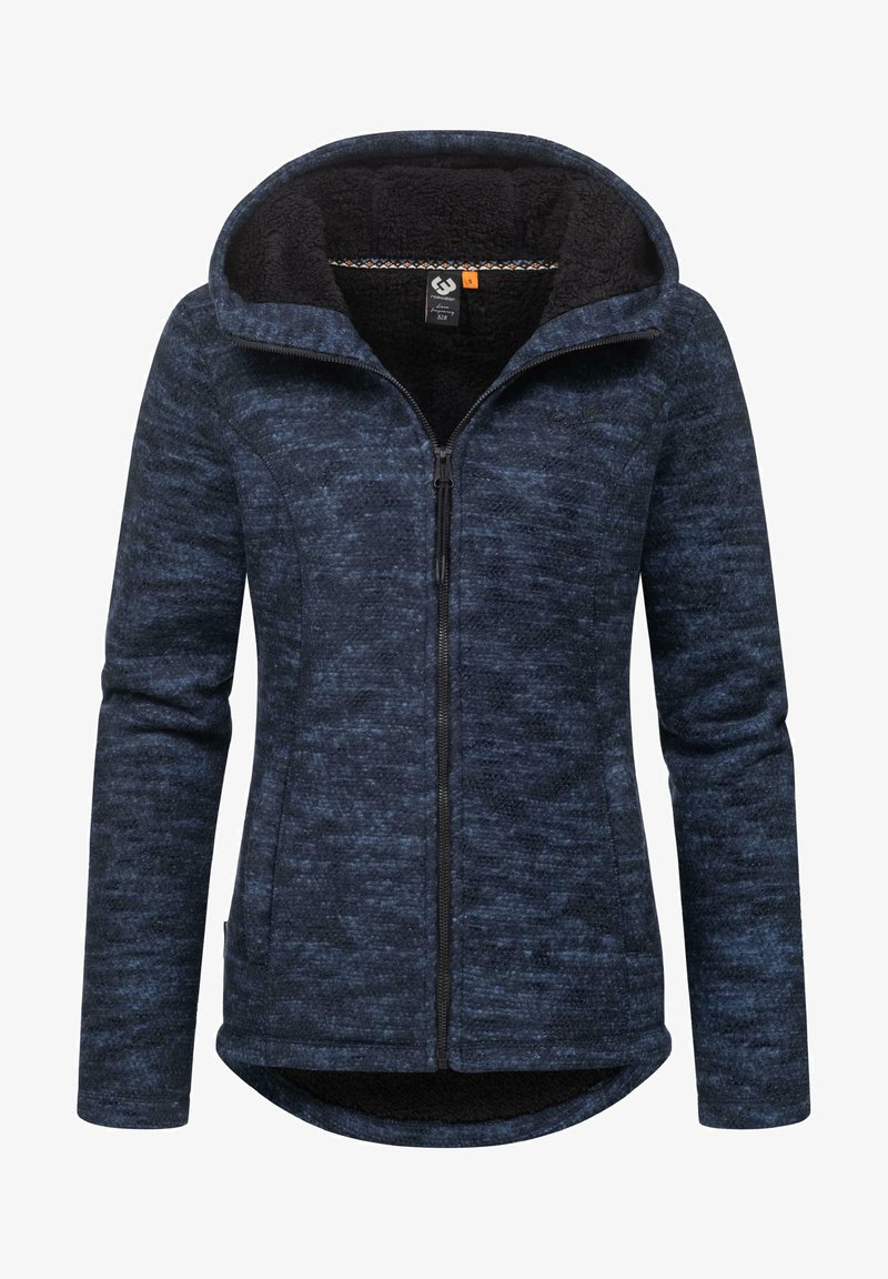 Dark blue fleece jacket with a soft inner lining, zippered front, and a hood. Features a subtle heathered texture and curved hem.