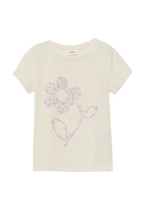Cremefarbenes Kurzarm-T-Shirt mit Rundhalsausschnitt und einem großen hellvioletten Blumendesign aus kleinen Blumen auf der Vorderseite.