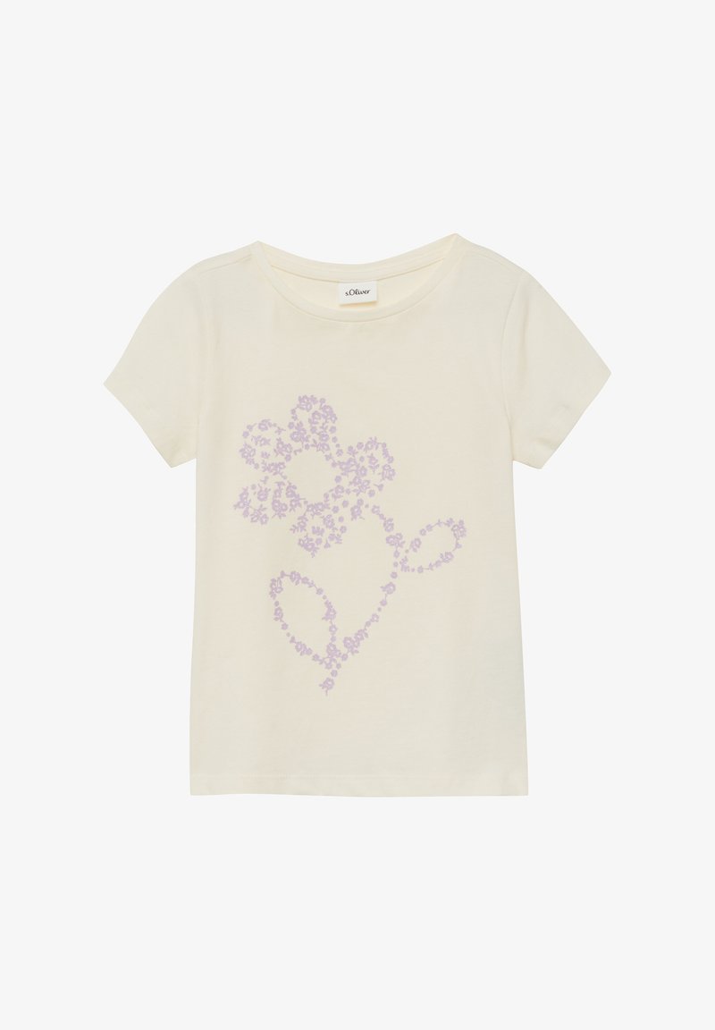 T-shirt à manches courtes couleur crème avec un col rond et un grand motif floral violet clair composé de petites fleurs sur le devant.
