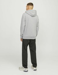 Felpa grigia con cappuccio regolabile, abbinata a pantaloni neri e sneaker chiare. Design semplice, texture morbida, senza motivi visibili.