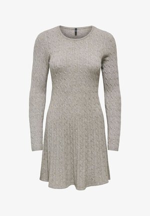 Light gray cable-knit long-sleeve dress with round neckline and slightly flared skirt, displayed against a white background.