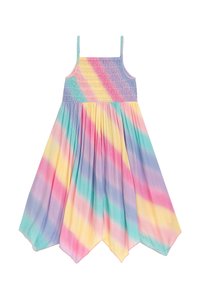 Gesmocktes, ärmelloses Kleid mit einem Regenbogenverlauf von Pink, Gelb und Blau; ausgestellter Saum mit spitzen Kanten; leichtes Material.
