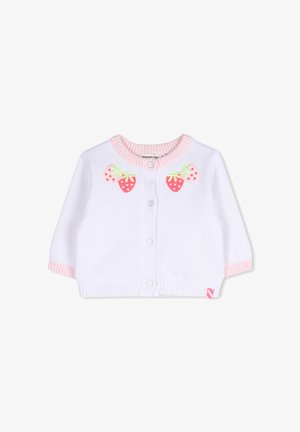Witte gebreide cardigan met roze geribbelde kraag en manchetten. Voorzien van geborduurde aardbeien op de voorkant en knoopsluiting.