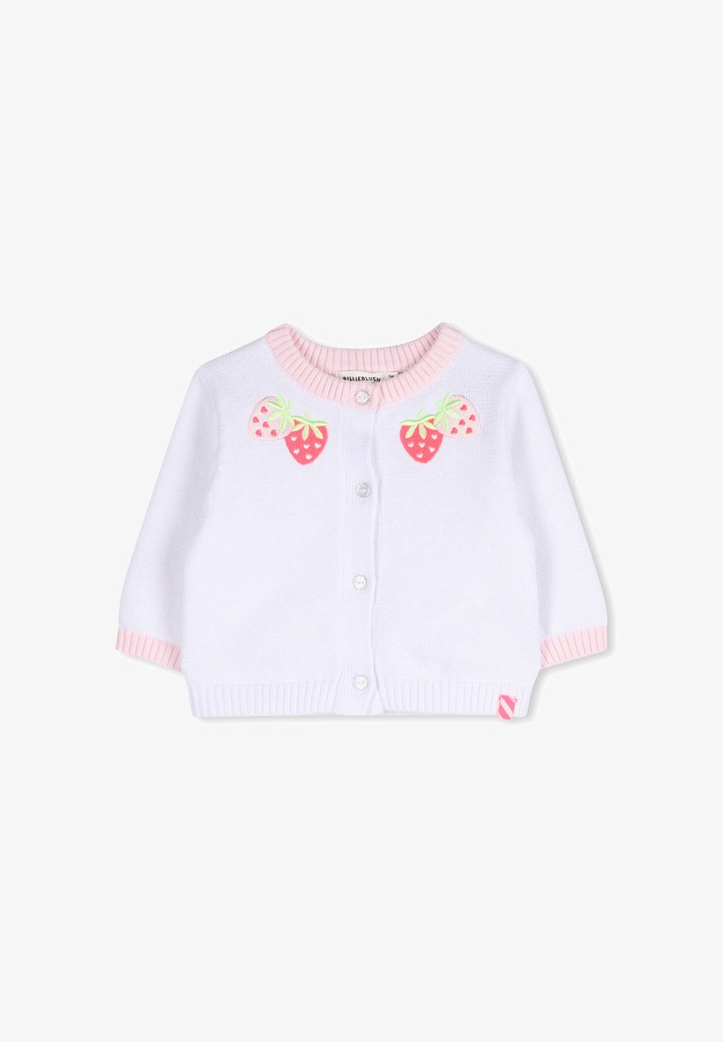 Cardigan blanc en maille avec col et poignets côtelés roses. Présente des fraises brodées à l'avant et une fermeture à boutons.