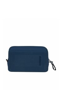 Borsa da viaggio blu navy di forma rettangolare, realizzata in materiale resistente. Presenta una superficie texturizzata e una zip laterale per una chiusura sicura.