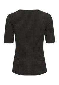 Zwart geribbeld T-shirt met korte mouwen, een ronde halslijn en een aansluitend ontwerp. Beschikt over verticale strepen en een gladde textuur.