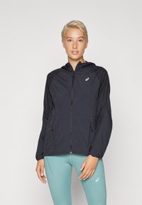 Lightweight black jacket with a hood, zip closure, and two front pockets. Features a logo on the left chest and elasticated cuffs.