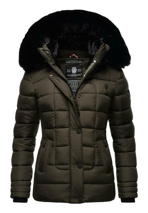 Green quilted jacket with a faux fur hood, zip and button closure, side pockets, and elastic cuffs. Brand logo displayed on the lower hem.