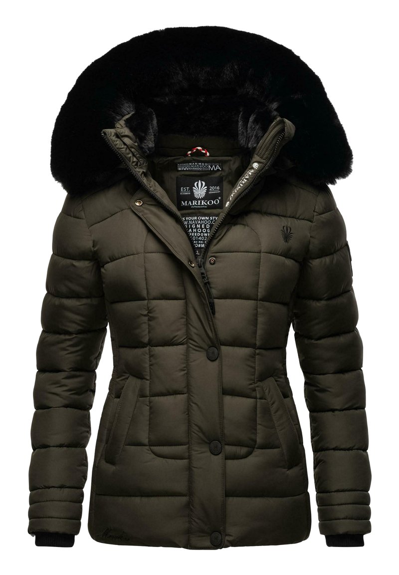 Green quilted jacket with a faux fur hood, zip and button closure, side pockets, and elastic cuffs. Brand logo displayed on the lower hem.