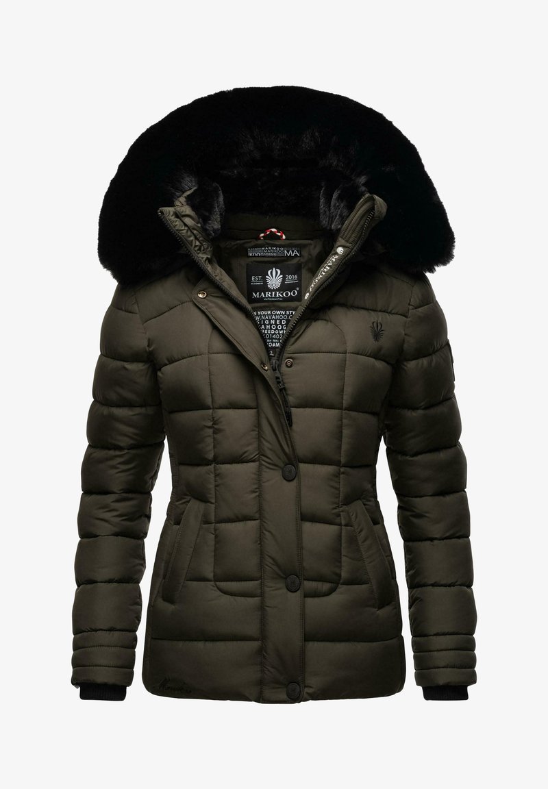 Green quilted jacket with a faux fur hood, zip and button closure, side pockets, and elastic cuffs. Brand logo displayed on the lower hem.