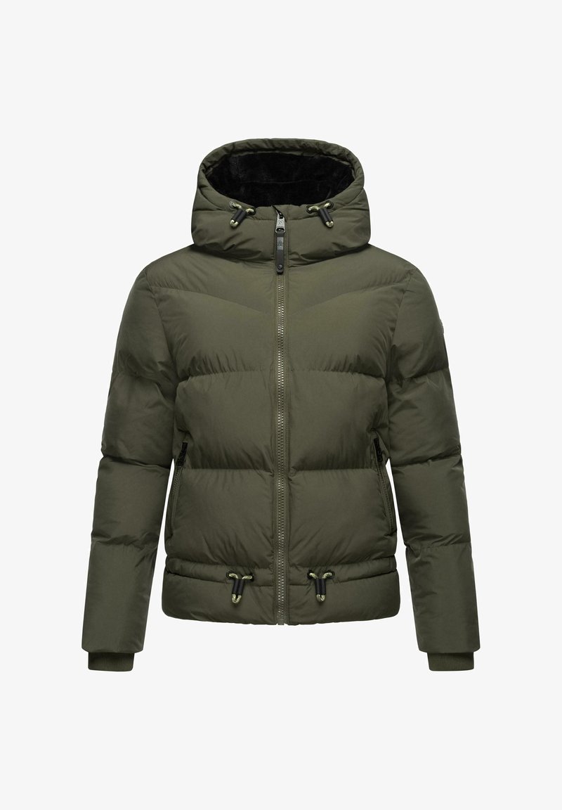 Alyvuogių žalia pūkinė striukė su kapišonu, su priekiniu užtrauktuku, elastingomis rankogaliais ir pynėmis juosmens srityje, pagaminta iš minkštos, struktūruotos medžiagos.