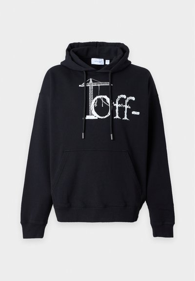 Μαύρο hoodie με εμπρόσθια τσέπη και κορδόνια, με λευκό γραφικό ενός γερανού οικοδομής και τη λέξη "Off-" στο στήθος.