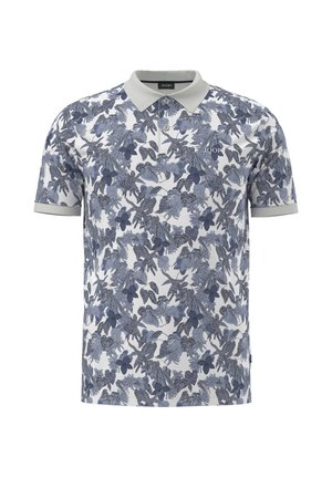 Kurzarm-Polohemd in Weiß mit einem blauen Blumenmuster. Mit einem hellgrauen Kragen und kurzen Bündchen. Dezentes Markenlogo auf der Brust.