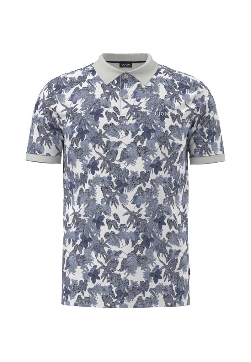 Kortärmad pikétröja i vitt med ett blått blommönster. Har en ljusgrå krage och korta ärmslut. Diskret logotyp på bröstet.