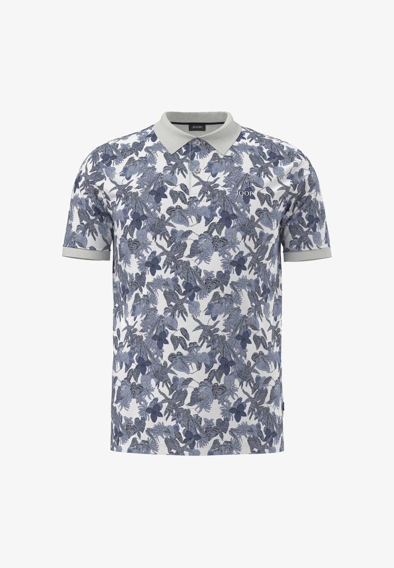 Kortärmad pikétröja i vitt med ett blått blommönster. Har en ljusgrå krage och korta ärmslut. Diskret logotyp på bröstet.