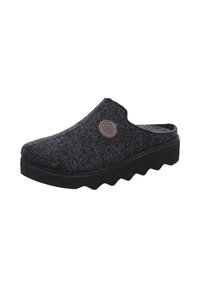 Gray felt clogs with a rounded toe, slip-on design, and a black ridged sole. Features a circular logo patch on the side.
