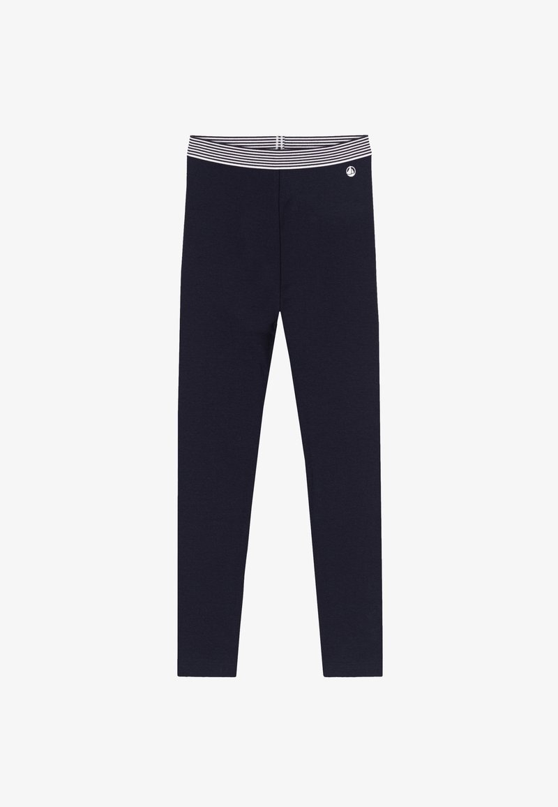 Colanți albastru închis cu talie elastică dungi albe și albastre și logo mic alb de velier pe șoldul stâng.