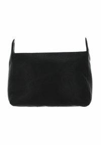Bolso de cuero negro con una superficie texturizada, forma rectangular y asas cortas a cada lado. Diseño minimalista sin herrajes visibles.